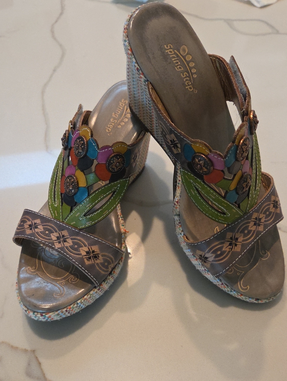 Spring Step Multicolor Floral Leather Wedge Sandals